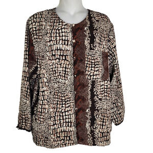 Vtg Jordan Womens Shirt Size 14 Button Brown Snake Skin Print Long Sleeve Retro